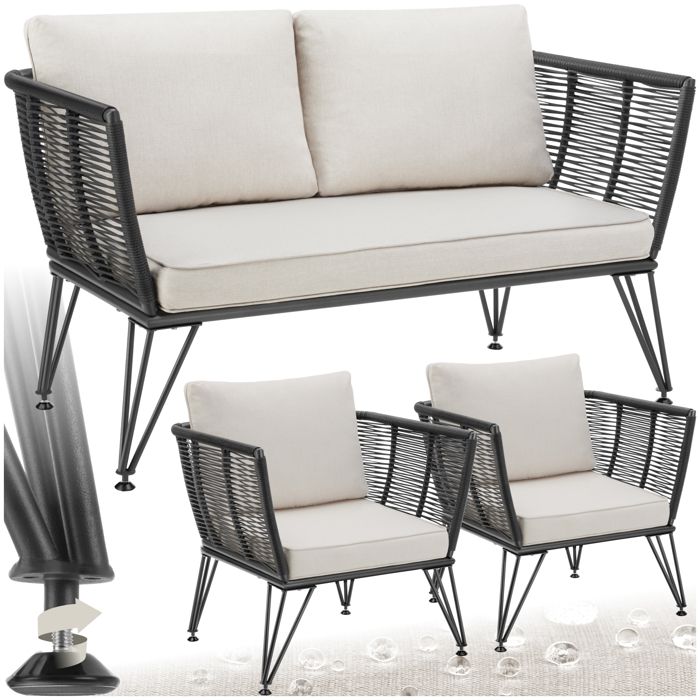 Salon de jardin - TECTAKE - Ensemble dextérieur canapé et 2 fauteuils SUNDO en résine tressée housses amovibles et coussins - Gris