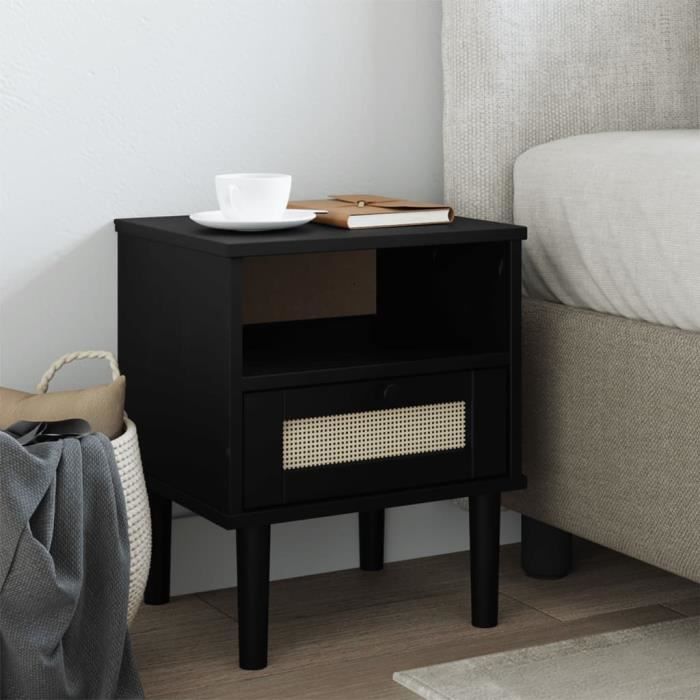 PAL-Table de chevet SENJA aspect de rotin noir bois de pin massif ...