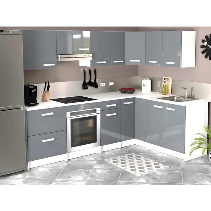 Cuisine complète d'angle - 11 éléments de rangements - Anthracite et Blanc - TRATTORIA