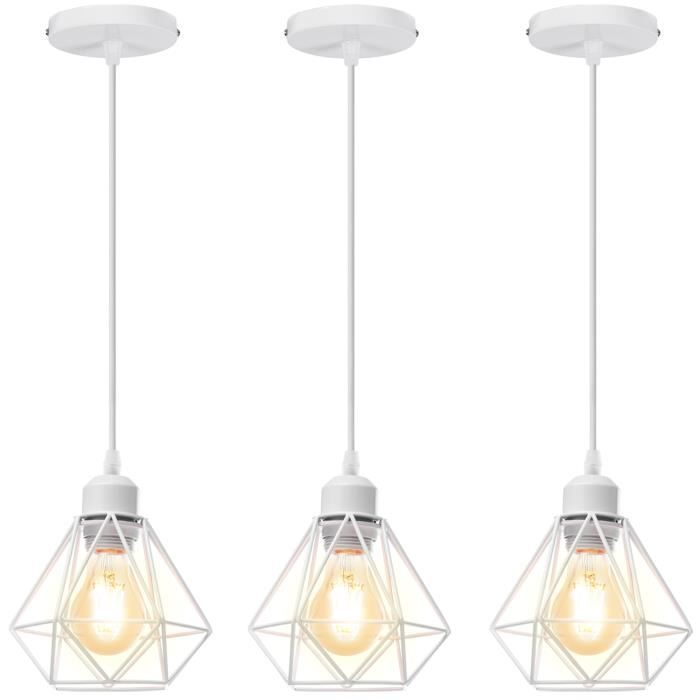 UNI 3 Pack Lustre Suspension E27 16CM Cage Diamant en Métal Blanc Plafonnier Luminaire pour Couloir Escalier Chambre