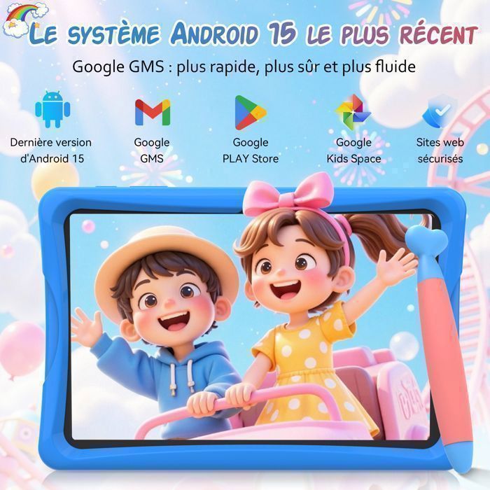 Tablette Enfant 10,1 Pouces Android 13 – 6 Go RAM, 64 Go ROM, écran IPS 1280x800, Contrôle Parental, étui Antichoc