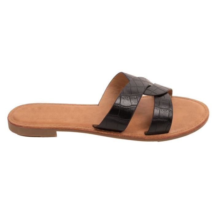 Claquettes femme en simili cuir bride crois es mules effet croco