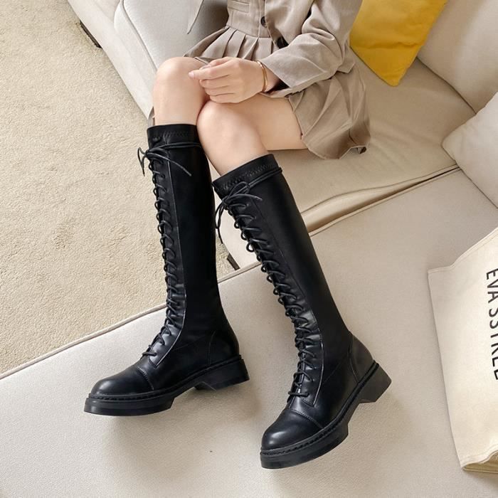Bottes Plates en Cuir pour Femme Noir Automne Noir Cdiscount