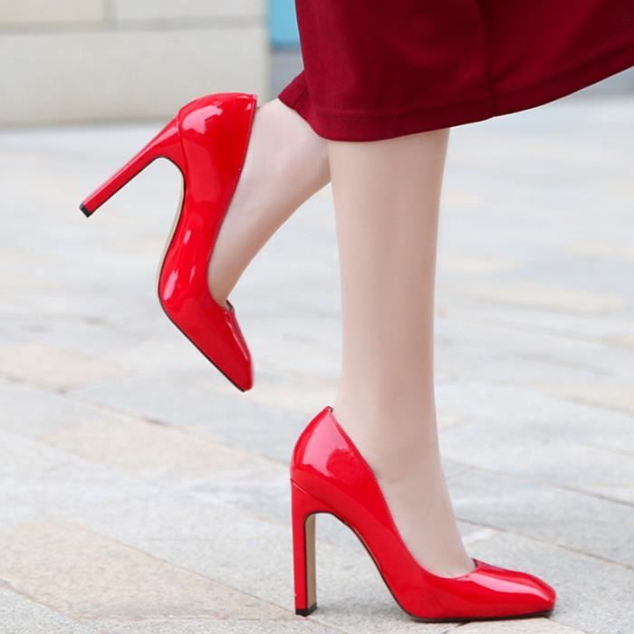 Escarpins Rouge Cuir Verni Carre Sexy Les Cent Talon Large 10cm G250 Achat Vente Escarpins Rouge Cuir Verni pas cher Cdiscount