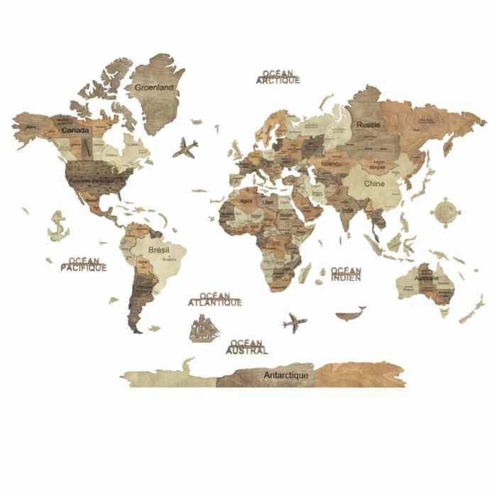 Carte du monde en bois 3D Foncée XL (200*140 cm) Creatifwood ...