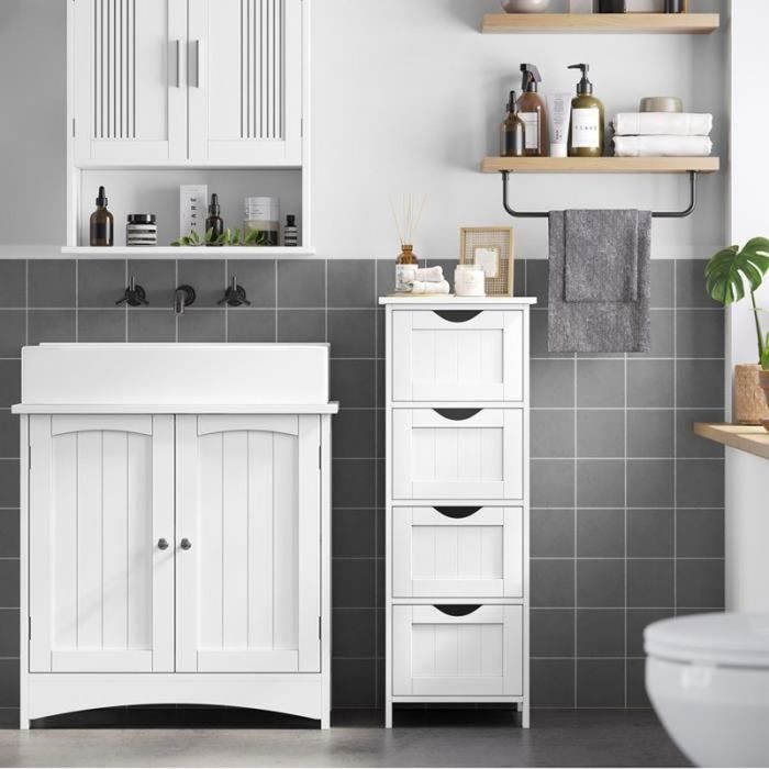 Armoire De Salle De Bain - Yaheetech - Rangement Avec 4 Tiroirs Et 1 Placard - Blanc - Maison