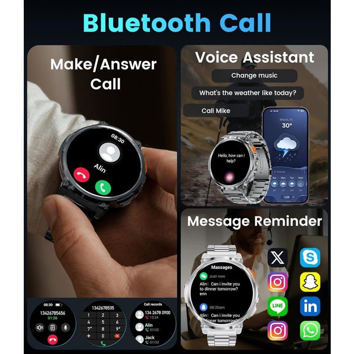 Montre Connectée TX12 Homme - Écran 2.01" Rectangle, Batterie 900 MAh, Appel Bluetooth, 100+ Modes Sport, IP68