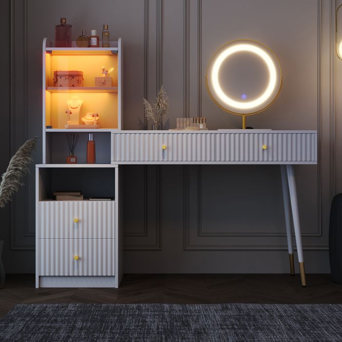 Coiffeuse WOLTU - Miroir LED - Éclairage Réglable - Table De Maquillage Plateau Brillant Tiroirs En Bois Massif 1 Commode Flexible Noir Blanc 93407801