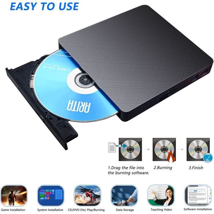 HATOKU Lecteur CD externe DVD USB 3.0 Type-C CD DVD +--RW, lecteur