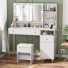 Coiffeuse avec Miroir et Tabouret - NHHF - 115L x 40P x 140H cm - 3 Modes d'Éclairage - 2 Prises et 2 USB - Blanc