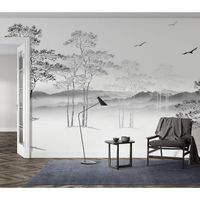 Papier Peint Soie Panoramique Esquisse noir et blanc, 400 × 280cm, 3D Poster Geant Mural Personnalisé, abstrait arbre minimaliste