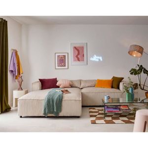 CANAPE CONVERTIBLE Canapé d'angle gauche 4 places en velours côtelé grosse côte beige - Lisa Design