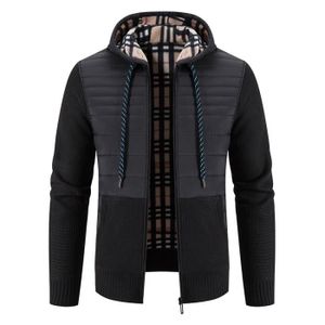 GILET - CARDIGAN Gilet Chaud Homme Capuche Automne Hiver Doublé Polaire Cardigan en Tricot Epais Couleur Constraste