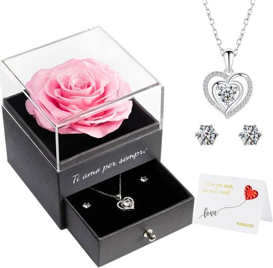 Cadeau Saint Valentin Femme Original, Rose Eternelle avec Bijoux avec Collier Je t'aime en 100 Langues, Fête des Mères, Rose Fleur Eternelle Saint Valentin Cadeau Maman, Copine, Petite Amie