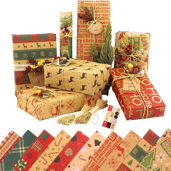 Papier d'emballage kraft de Noël, papier d'emballage cadeau recyclé épais,  50,8 x 71,1 cm par feuille (6 feuilles : 20 m² TTL), papier plié marron,  plein d'éléments de Noël colorés pour la
