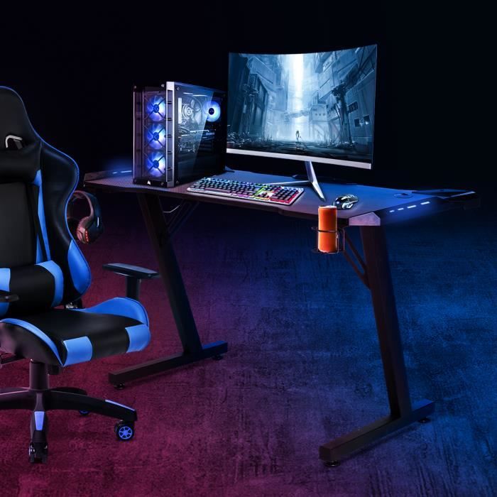 Bureau Informatique Gaming à LED Bureau Gamer avec crochet pour casque porte-gobelet 120x60x73cm Noir