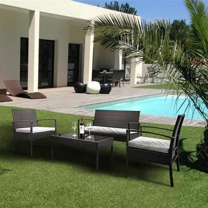 Salon de Jardin Table 1 Canapé 2 Places, 2 Fauteuils en Résine Tressée Rotin avec Coussins Marron