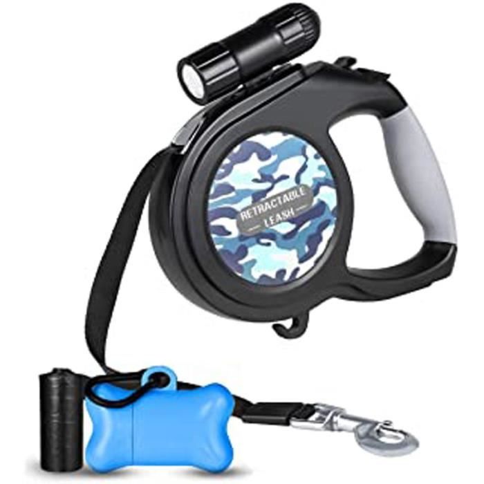 Laisse Rétractable Chien Chiot, Laisse Chien Enrouleur De 8M Jusqu’À 50Kg Avec Sac De Ramasse Crotte Et Lampe De Poche