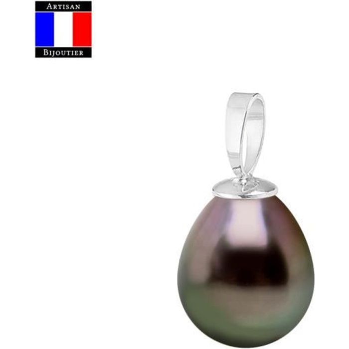 Compagnie Générale des Perles - Pendentif simple - Véritable Perle de Tahiti Poire 9-10 mm Or Blanc 18 Cts - Bijou Femme