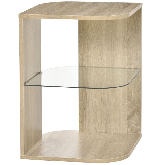 Guéridon design contemporain étagère verre trempé aspect chêne clair 40x40x56cm Beige