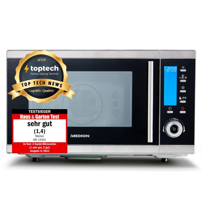 Four micro-ondes 4-en-1 25L (MD 15501), Gris, 900 W, Grill 1600 W, Chaleur-tournante 2500 W, 10 programmes