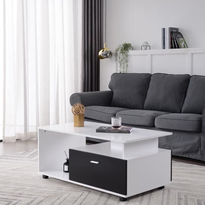 Table Basse Rectangulaire Amovible avec 2 Tiroirs, Roues Universelles, Table à Café Salon, Design Minimaliste,100 x 40 x 55 cm