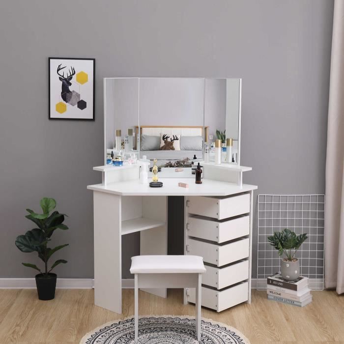 Coiffeuse Table de Maquillage avec 3 Miroirs et 5 Tiroirs à droite, Grande Coiffeuse d'angle, Moderne, Blanc, avec Tabouret-Mondeer