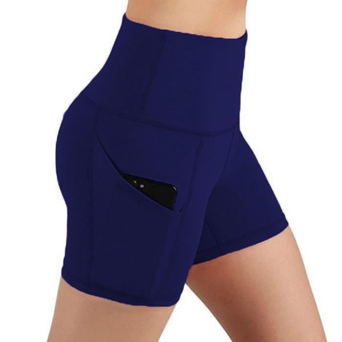 Lady Solid Pocket Taille haute Hip Stretch Slip Running Short de yoga de fitness @Cheneylans21 Marine