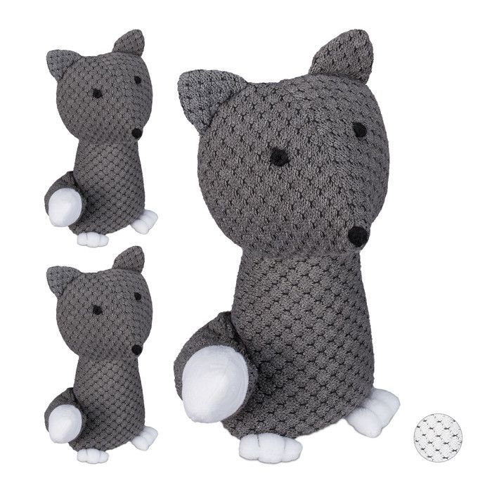 3 x Türstopper Fuchs, dekorativer Türpuffer, für Boden, stehend, gefüllt, innen, 1 kg, Stoff Türsandsack, grau