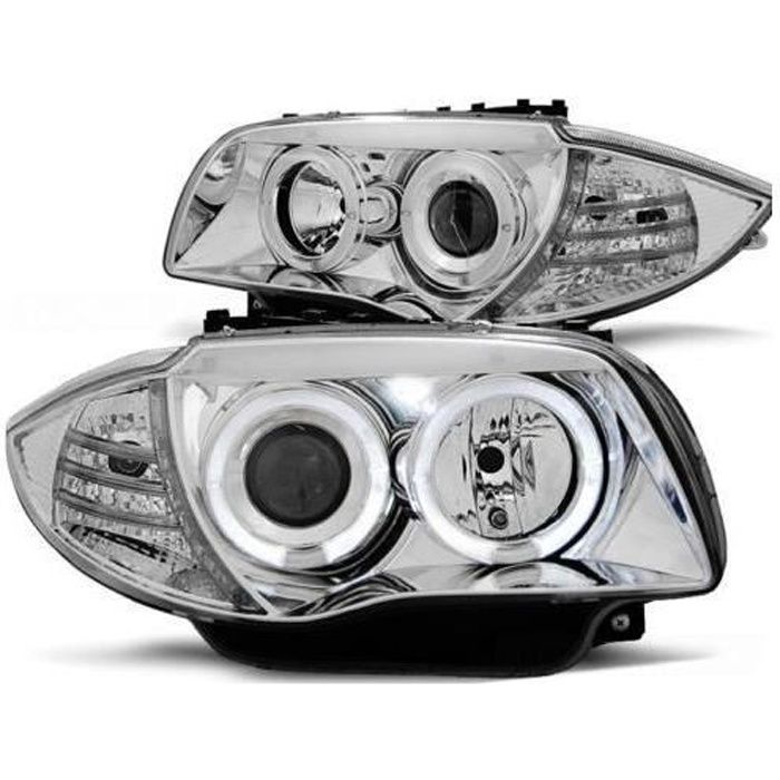 2 FEUX PHARE AVANT ANGEL EYES LED POUR BMW SERIE 1 E87 E88 ET E81 E82 A FOND CHROME