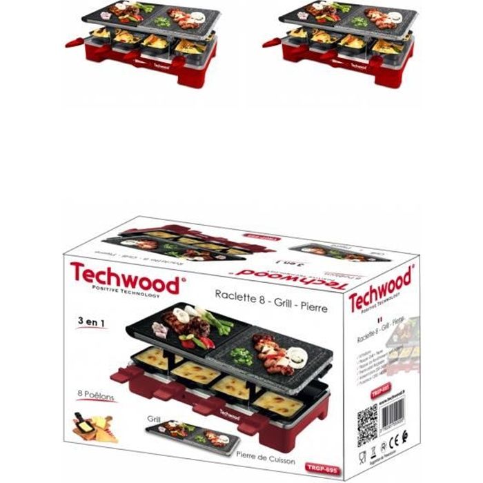 Appareil Raclette Electrique - Grill-Plancha-Pierre de Cuisson, 1400 W, Inclus : 8 poêlons, Rouge