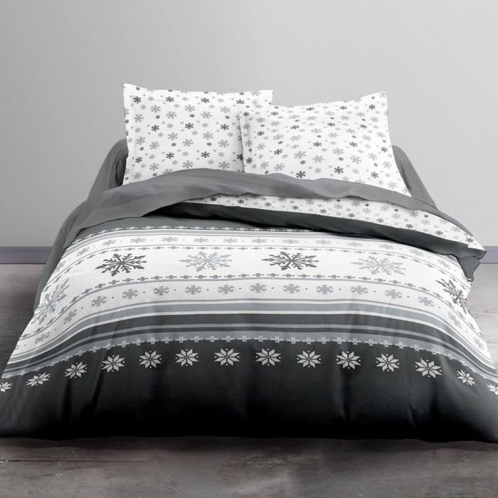 Housse de couette 240x260 Chamonix + 2 taies 100% coton flanelle Gris