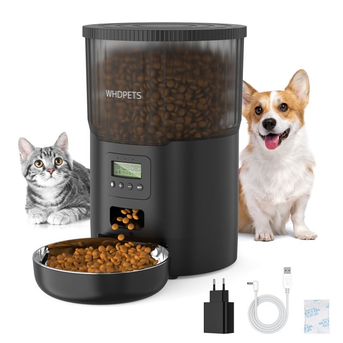 Distributeur Croquettes Automatique 4L WHDPETS Nourriture Avec Gamelle Pour Chien Chat - Noir