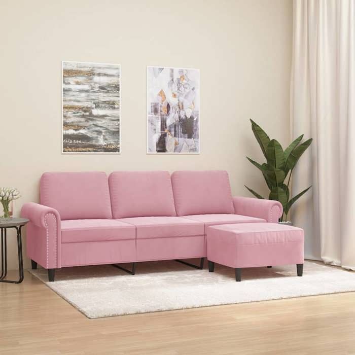 vidaXL Canapé à 3 places avec repose-pieds Rose 180 cm Velours 3201218
