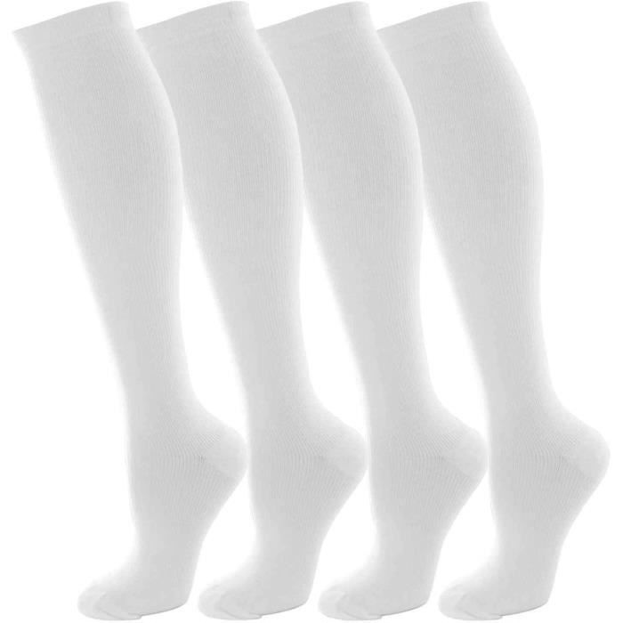 Chaussettes de Compression - Bas de Contention Homme et Femme 15-20 mmHg idéales pour Lathlétisme la Course 4 Paires Blanc