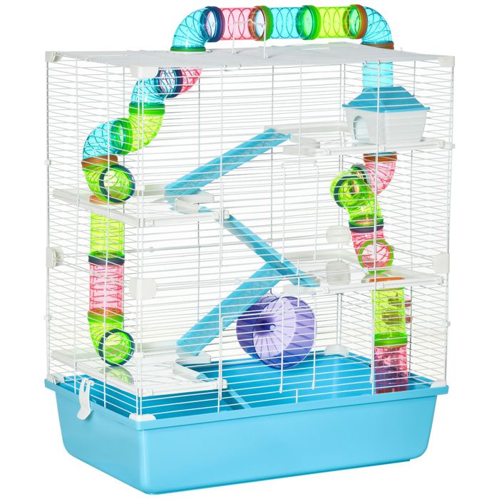 Comparer les prix de PawHut Grande cage à hamsters 5 niveaux avec tunnels abreuvoir roue maisonnette échelles dim. 59L x 36l x 69H cm