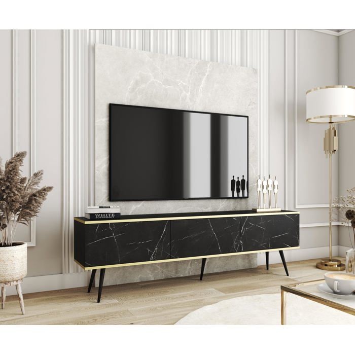 Meuble TV en Couleur NOIR / marbre avec Pieds en NOIR D: l : 175 cm H : cm P : 32 cm
