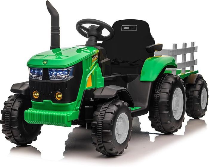 12V Tracteur Électrique Enfants avec Pelle&Remorque Amovible Véhicule Électrique à 6 Roues avec Télécommande & Musique 3-6 km/h pour 3-8 Ans Jaune/Vert