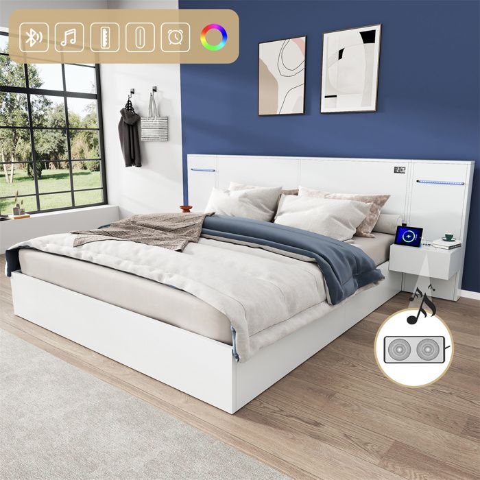 Lit 180x200 avec Sommier et Bluetooth Lit Double avec Horloge Digitale et LED USB Lit pour Adulte Ado 2 Tables de Chevet Blanc