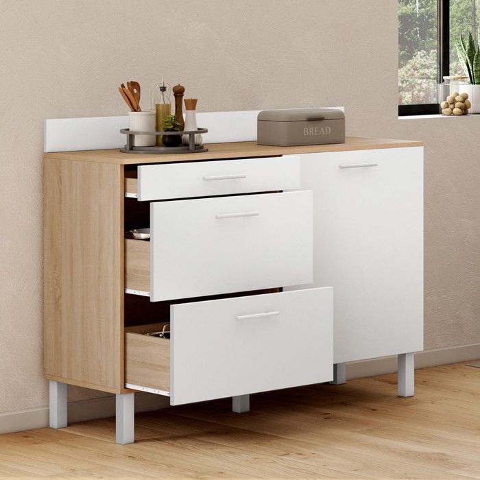 IDMARKET Buffet bas de cuisine 120 cm casserolier CINA plan de travail H.83 cm 1 porte + 3 tiroirs façon hêtre et blanc IDMARKET Buffet bas de cuisine 120 cm casserolier CINA plan de travail H.83 cm 1 porte + 3 tiroirs façon hêtre et blanc