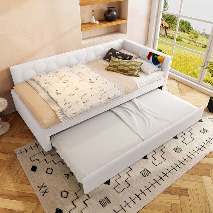 Canapé-lit 90x200 cm avec type-C et USB Lit gigogne avec lampe de chevet Cadre de Lit simple Imitation polaire Blanc