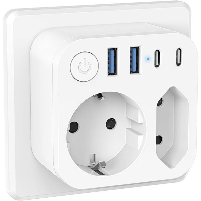 6 en 1 Multiprise Murale avec 4 USB (2 Type-C) Adaptateur Secteur 2 Prises avec Interrupteur Electrique Idéal Bureau Blanc 6 en 1 Multiprise Murale avec 4 USB (2 Type-C) Adaptateur Secteur 2 Prises avec Interrupteur Electrique Idéal Bureau Blanc
