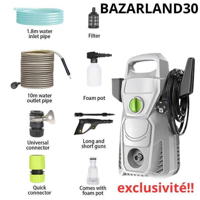 BAZARLAND30.Nettoyeur haute pression électrique 135bar avec tuyau deau de 10m buse réglable nettoyage de voiture. - vue 2