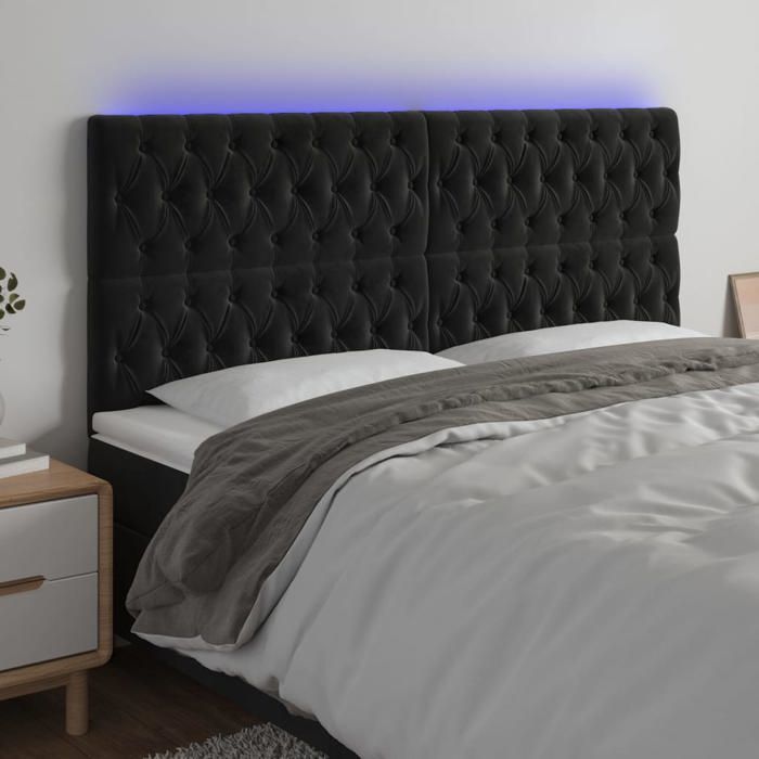 CHIC Tête de lit et lumières LED - Armoire de Tête Lit pour lire - Noir 180x7x118/128 cm Velours@SARA899452