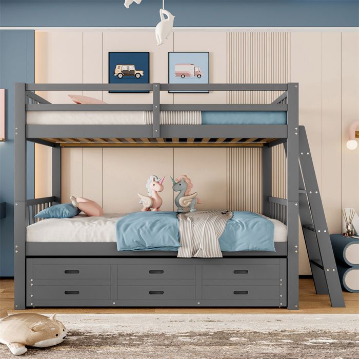 Lit superposé enfant 90x200 cm avec lit gigogne extensible 3 tiroirs pin/MDF gris