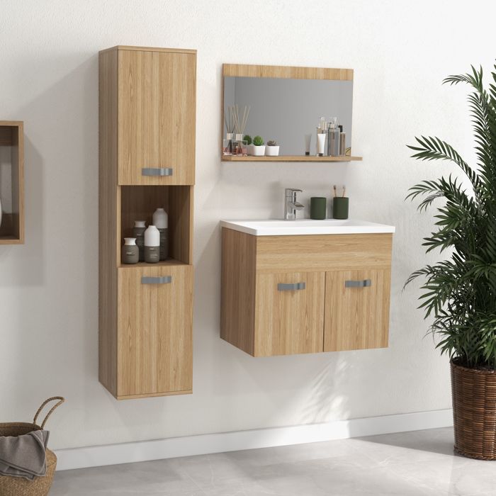 Ensemble de meubles de salle de bain armoire miroir + meuble sous lavabo suspendu avec bassin + meuble colonne naturel