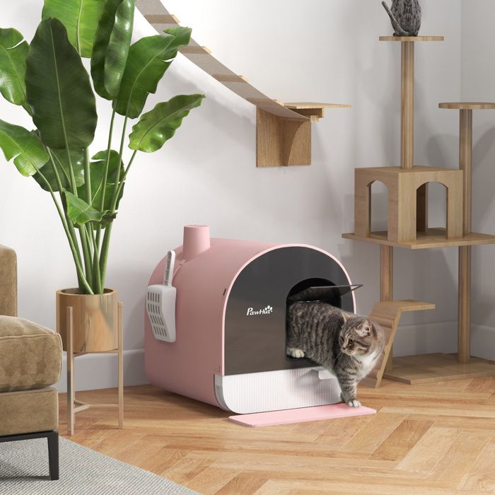 Bac à litière pour chat avec porte battante pelle et filtre inclus dim. 43L x 44l x 47H cm rose