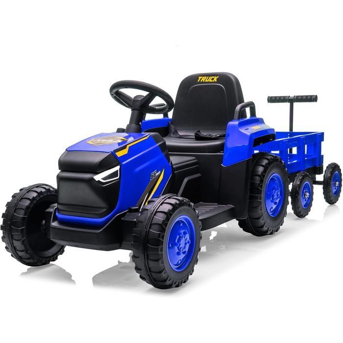 12V Tracteur Électrique Enfants - Pelle & Remorque Amovible 6 Pneus & LED & Klaxon Télécommande 2 4G Bleu