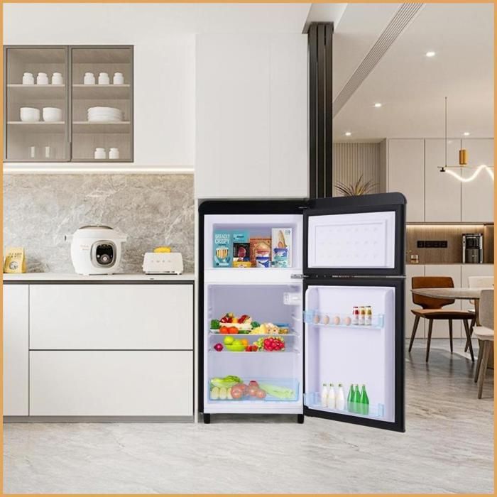 Réfrigérateur Retro Double Porte LED - 72L (21L Congélateur) - Noir