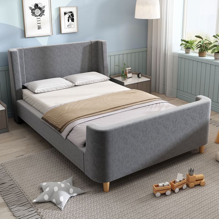 Lit enfant capitonné lit simple 90 x 200 cm lit traîneau à motif cosmique pour garçons et filles gris velours (sans matelas)